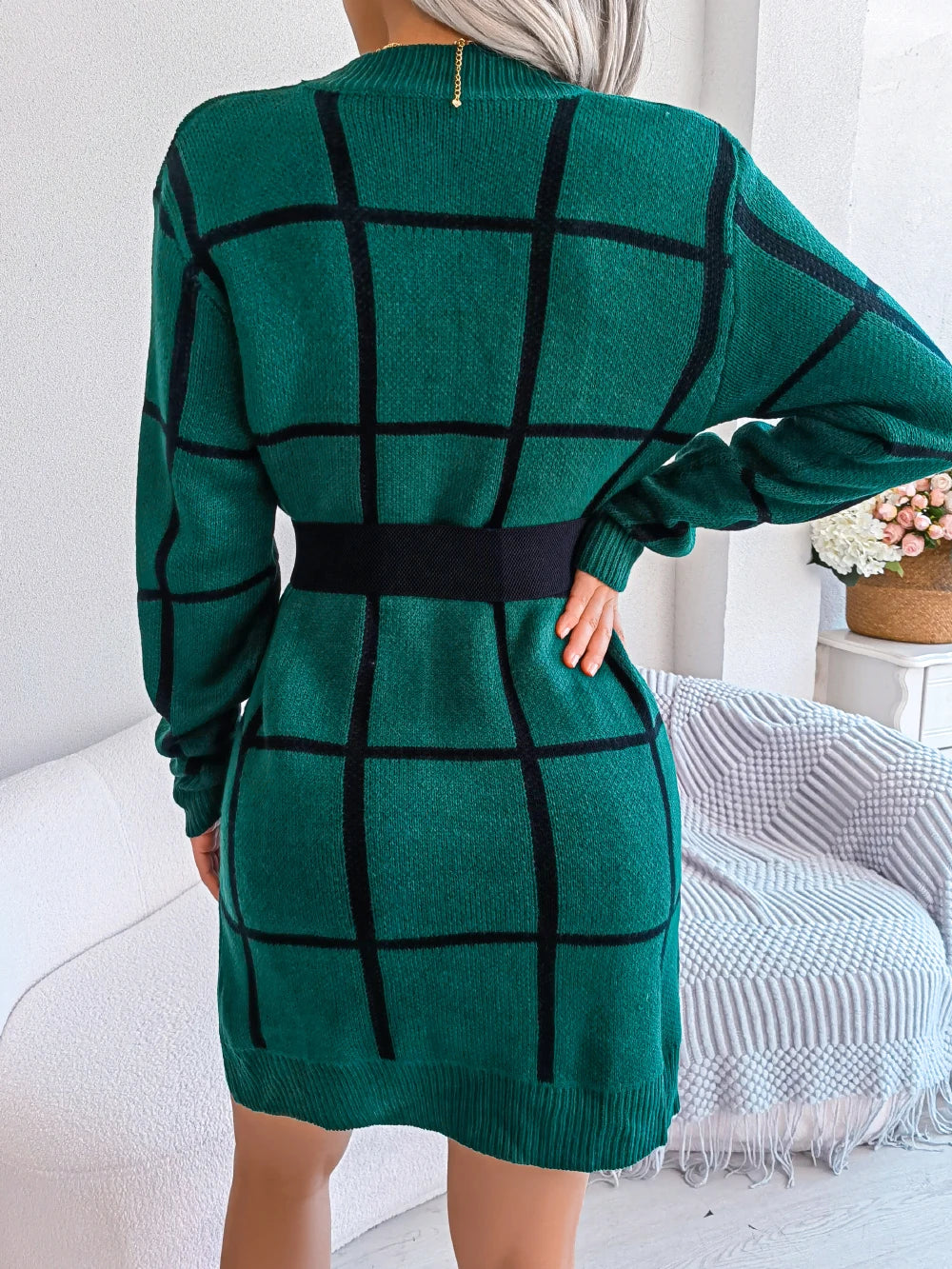 Women Casual Plaid Long Sleeve Knitted Sweater Dress 2026 Autumn Winter Elegant Dress Without The Belt Fashion Woman Clothing