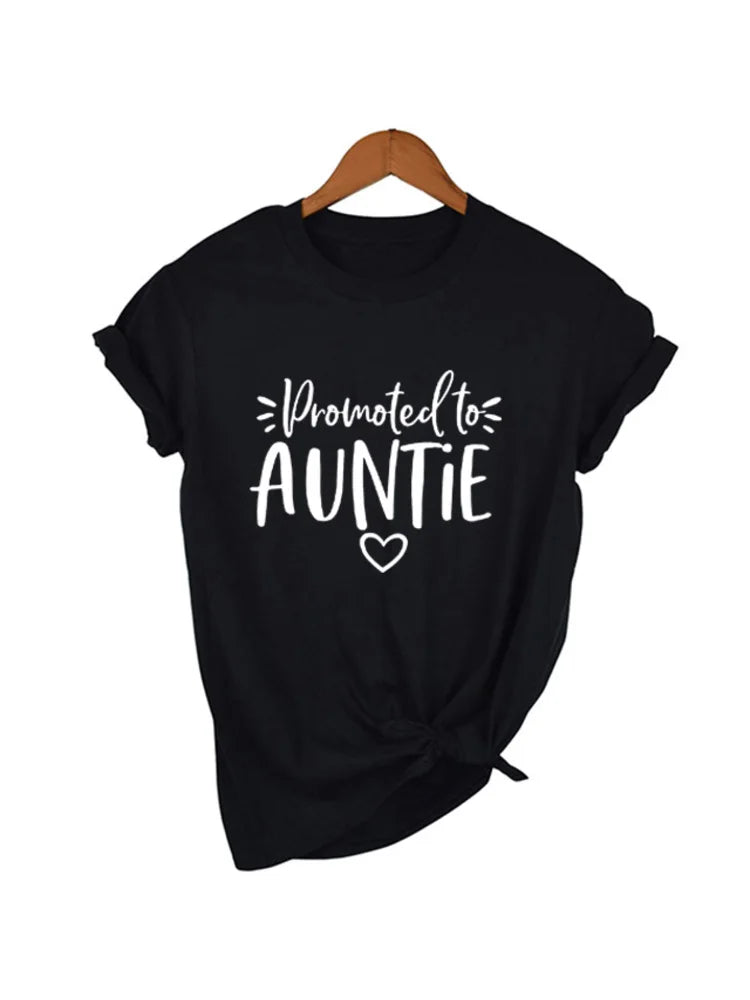 Promoted To Auntie Women's Short Sleeve Tops Tee Summer Funny Casual Short Sleeve T-Shirt New Aunt Tees Aunt To Be Tee Shirt