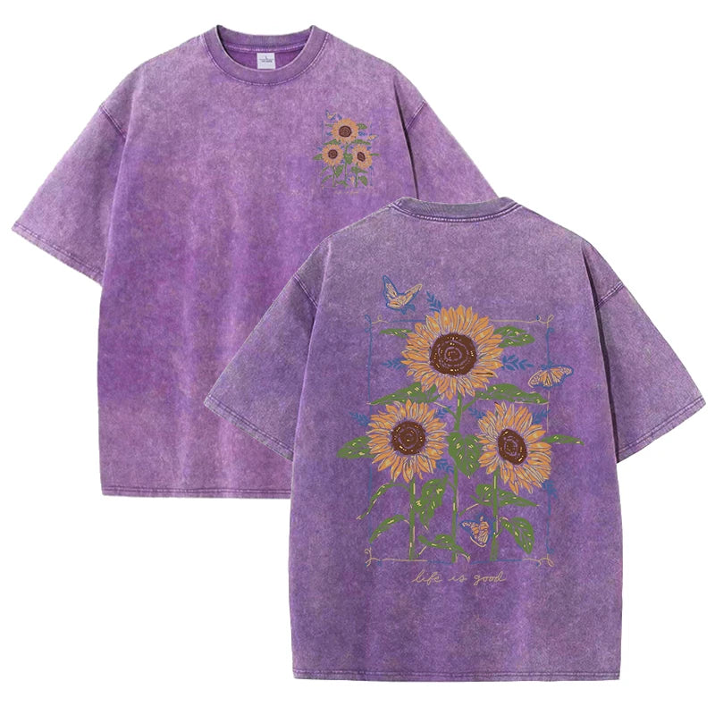 Life Good Beautiful Sunflower Print Washed Plus Size T Shirts Women Soft Cotton T-Shirt Street Short Sleeve Summer Casual Tops