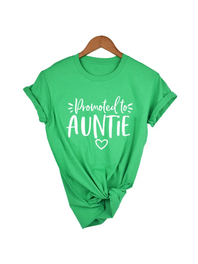 Promoted To Auntie Women's Short Sleeve Tops Tee Summer Funny Casual Short Sleeve T-Shirt New Aunt Tees Aunt To Be Tee Shirt