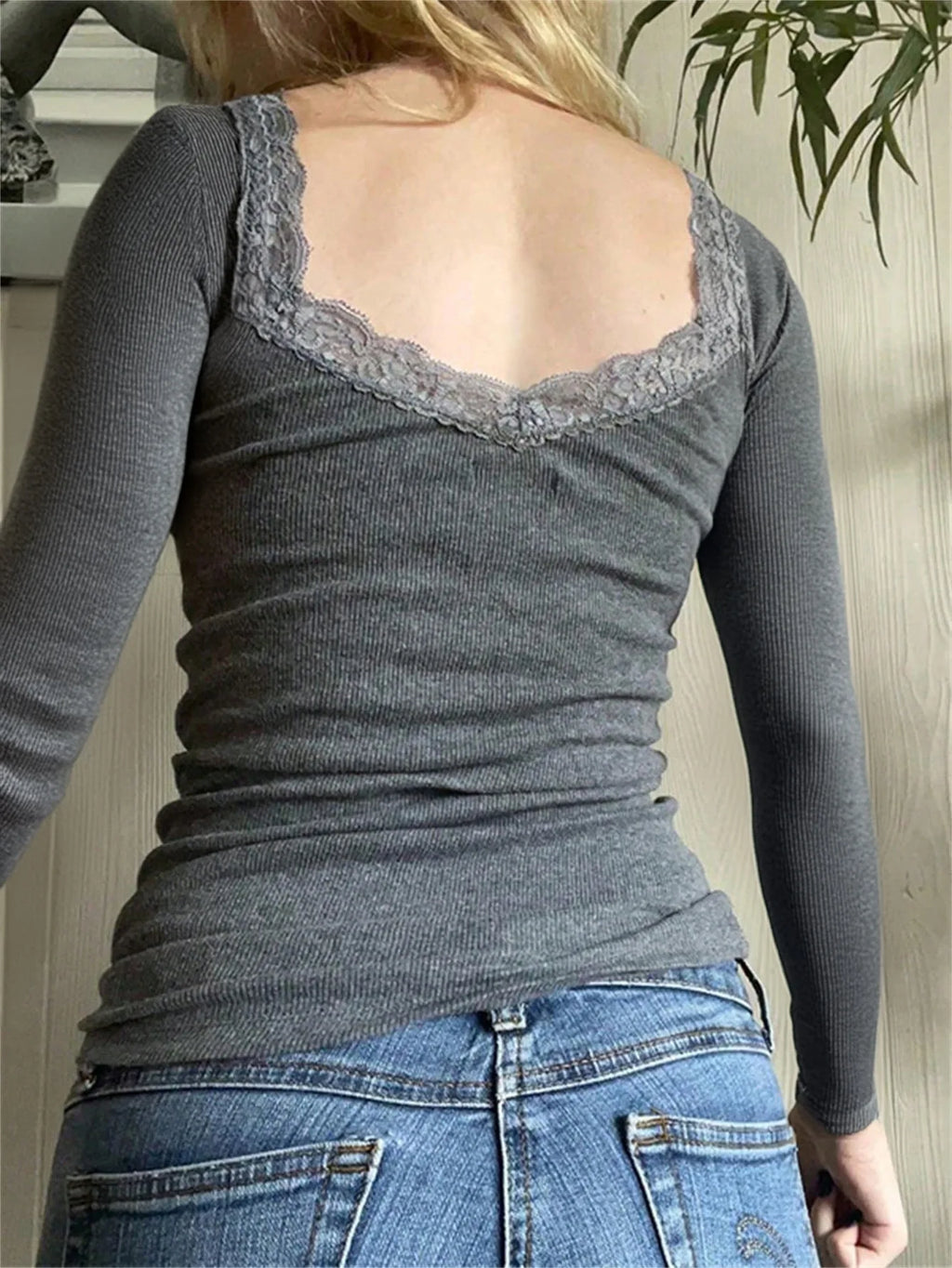 2025 Woman Clothing Top Women T-shirt Tank Top Solid Color Tops Women Y2K Casual Slim Threaded U Neck Lace Long Sleeve T-Shirt