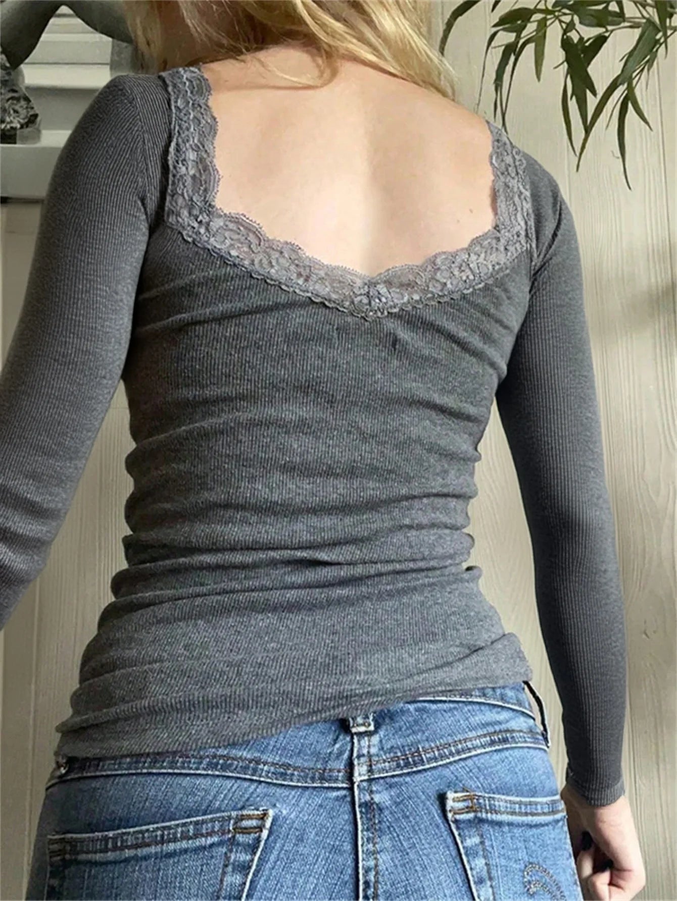 2025 Woman Clothing Top Women T-shirt Tank Top Solid Color Tops Women Y2K Casual Slim Threaded U Neck Lace Long Sleeve T-Shirt