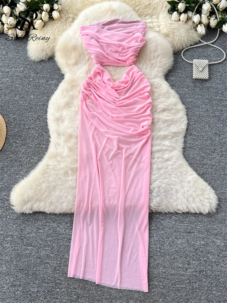SINGREINY Summer Thin Mesh Long Dress Ladies Strapless Pleated Skinny Off The Waist Chic American Ins Sexy Split Bodycon Dress