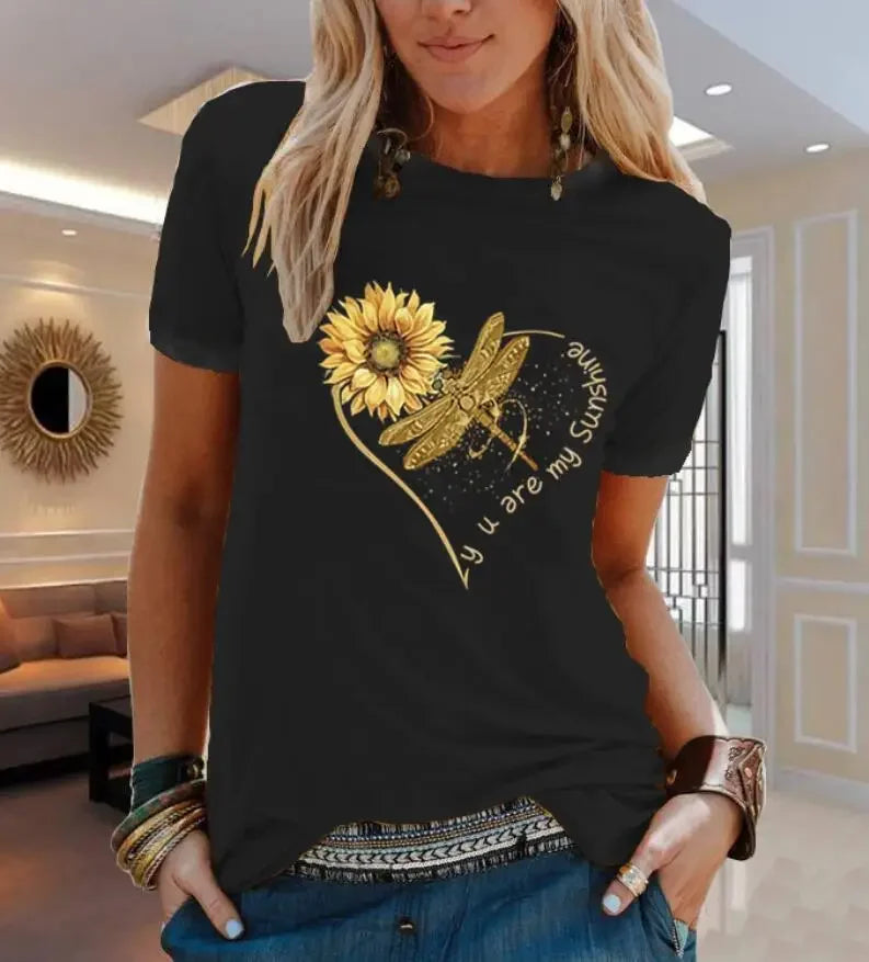 Sunflower Love Printed Summer T-Shirt Loose Fit Oversized Top for Men And Women Kawaii Polyester Fiber Short Sleeve Casual Wear