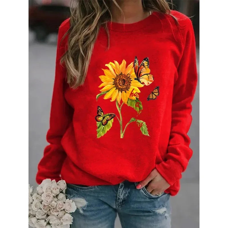 New  Long-sleeved Sunflower Butterfly Print Casual Round Neck Head Round Neck European Hoodie Woman Sweatshirt  Clothes
