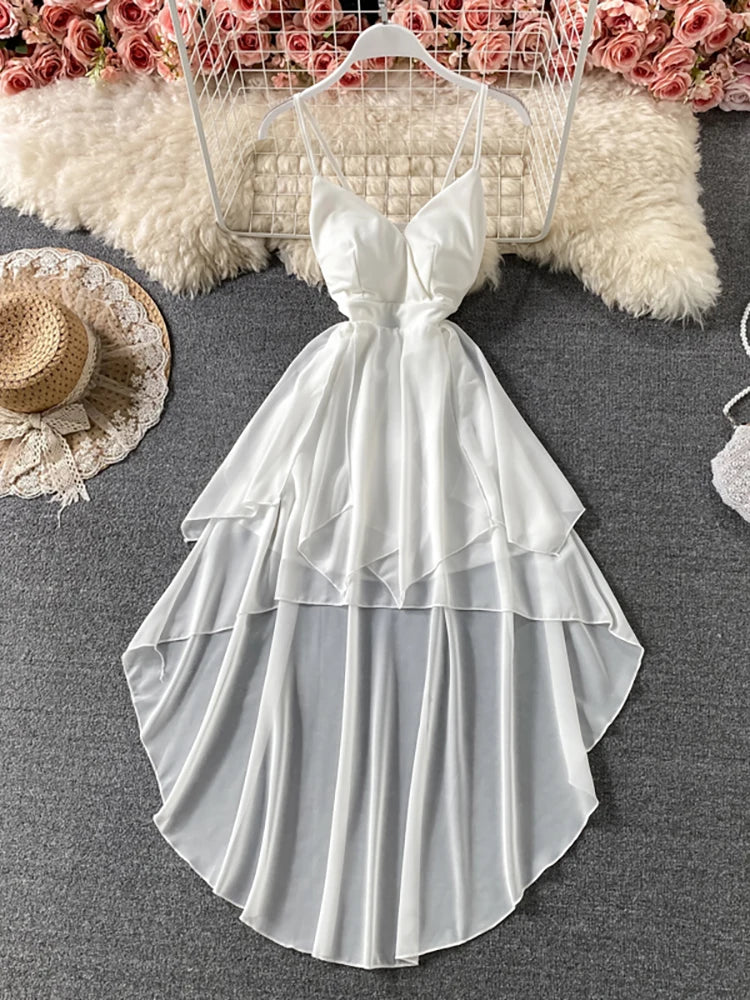 Summer Black/White Irregular Spaghetti Strap Long Dress Women Sexy Strapless High Waist Ruffle Open Back Vestidos 2021 New Robe