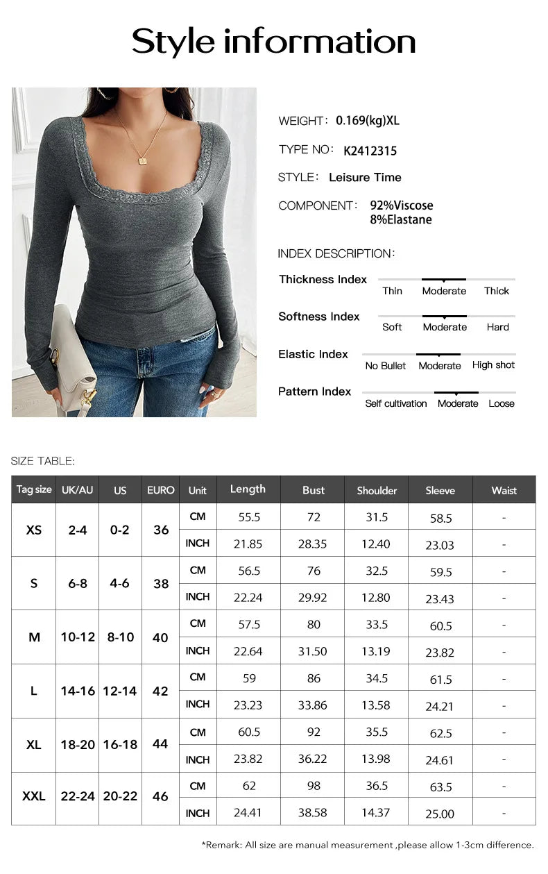 2025 Woman Clothing Top Women T-shirt Tank Top Solid Color Tops Women Y2K Casual Slim Threaded U Neck Lace Long Sleeve T-Shirt