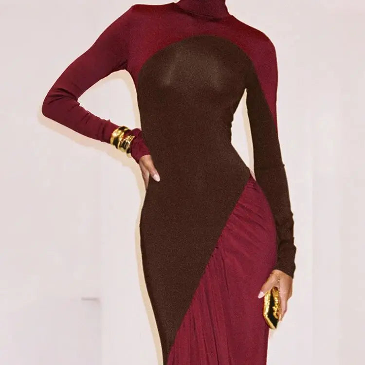 Whatiwear Autumn New Style Dress Woman Contrast Design Turtleneck Full Sleeve Skinny Stretch Street Fashion Elegant Long Bodycon