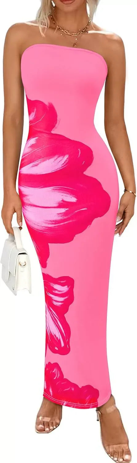 Elegant Fashionable Printed Long Dress New Summer Women's Sexy Slim Fit Chest Wrapped Off Shoulder Casual Dress