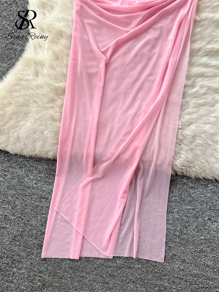 SINGREINY Summer Thin Mesh Long Dress Ladies Strapless Pleated Skinny Off The Waist Chic American Ins Sexy Split Bodycon Dress