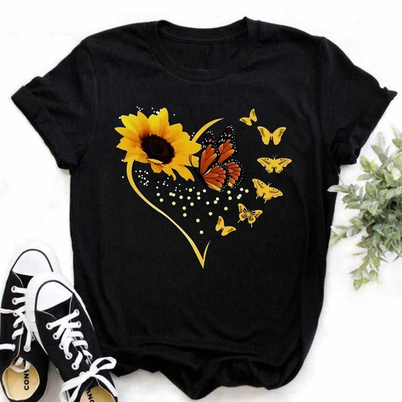 Women's Sunflower Butterfly Print T-Shirt Summer Casual Crew Neck Short Sleeve Female Tops Tees Fashion Women T-shirt