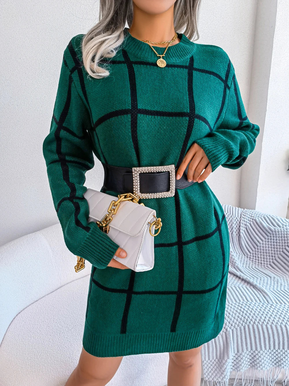 Women Casual Plaid Long Sleeve Knitted Sweater Dress 2026 Autumn Winter Elegant Dress Without The Belt Fashion Woman Clothing