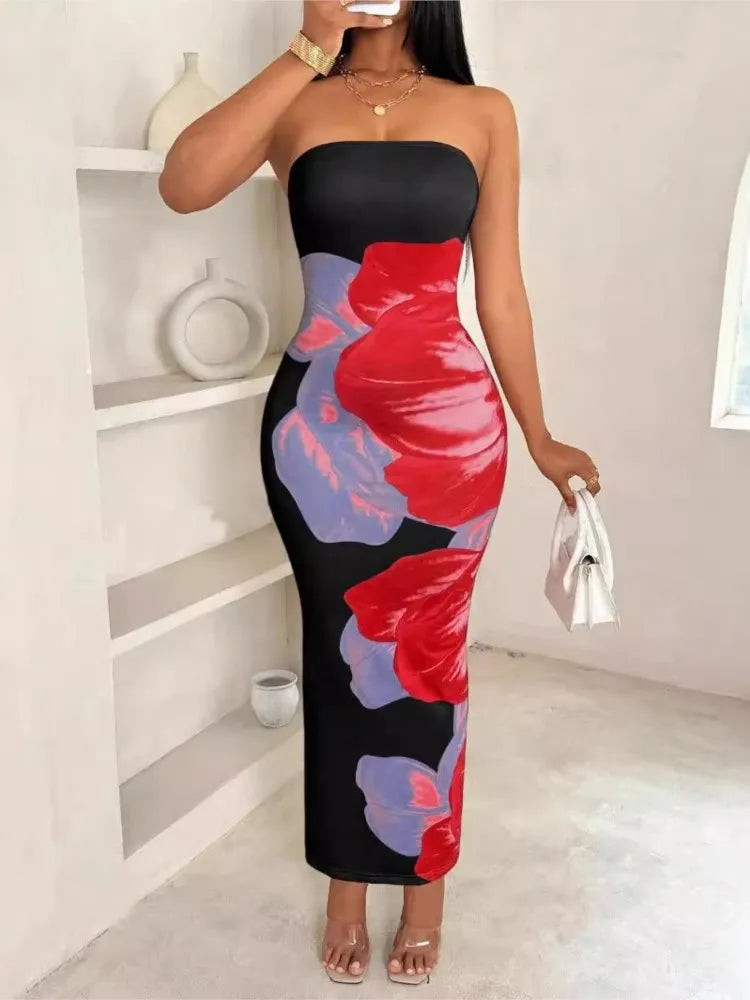 Elegant Fashionable Printed Long Dress New Summer Women's Sexy Slim Fit Chest Wrapped Off Shoulder Casual Dress