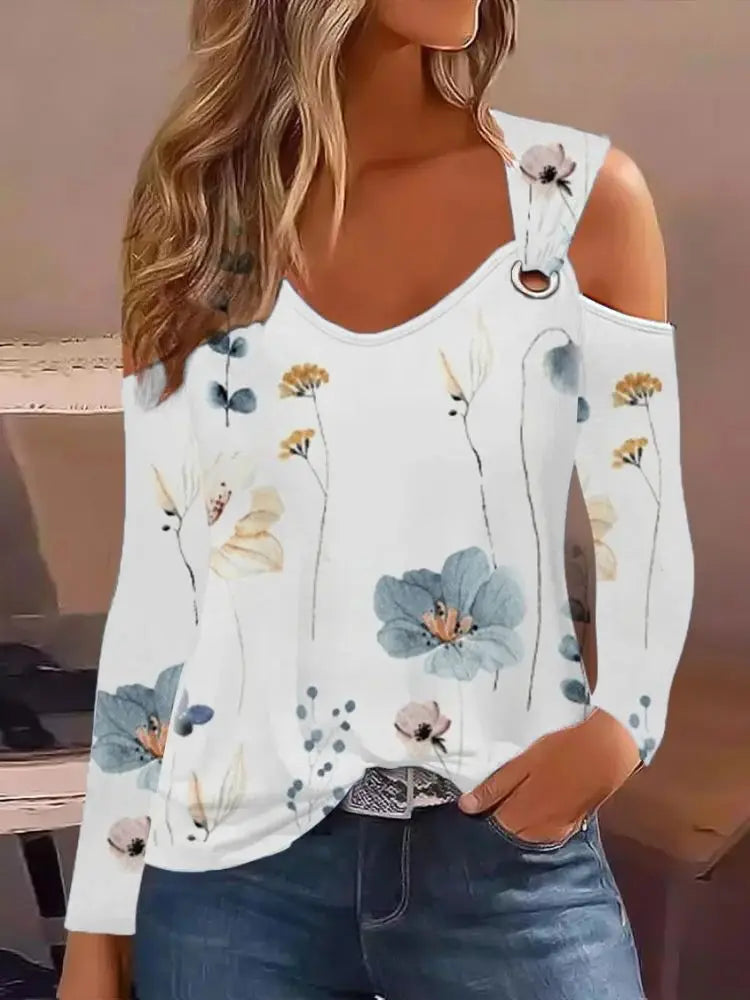 Fashion Woman Blouse 2023 Spring Denim Look Print Cold Shoulder Eyelet Casual Long Sleeve Daily T-Shirt Top Y2K Clothes