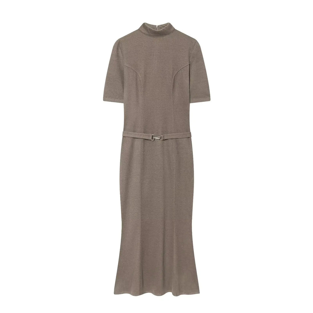 Woman Elegant Dress 2025 New Fashion With Belt Soft Women's Dresses Autumn Winter Dress Short Sleeve Stand Collar Casual Dress ﻿