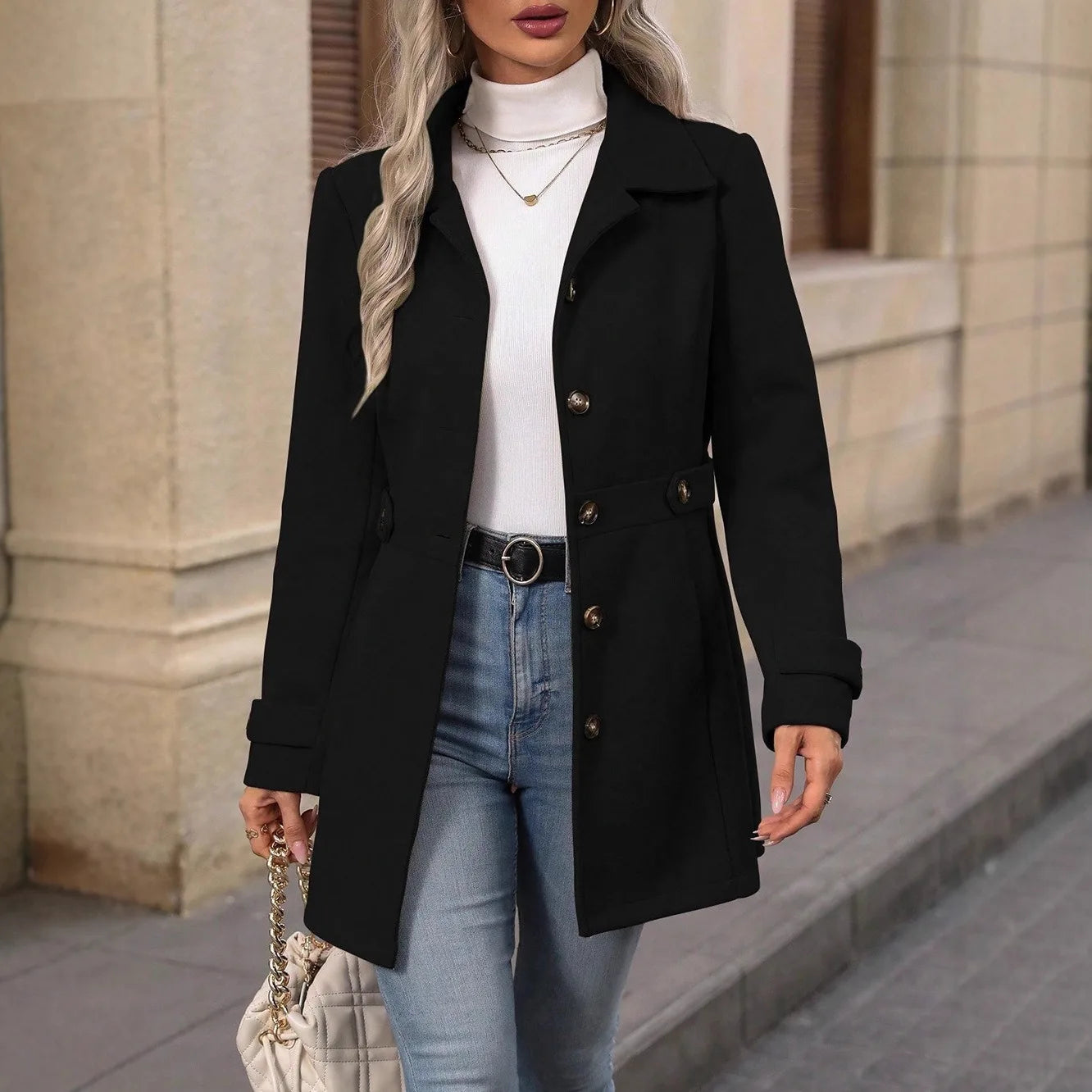 Autumn/Winter New Cross-Border Women's Fashion Flattering Loose-Fit Notched Lapel Single-Row Multi-Button Mid-Length Wool Blazer