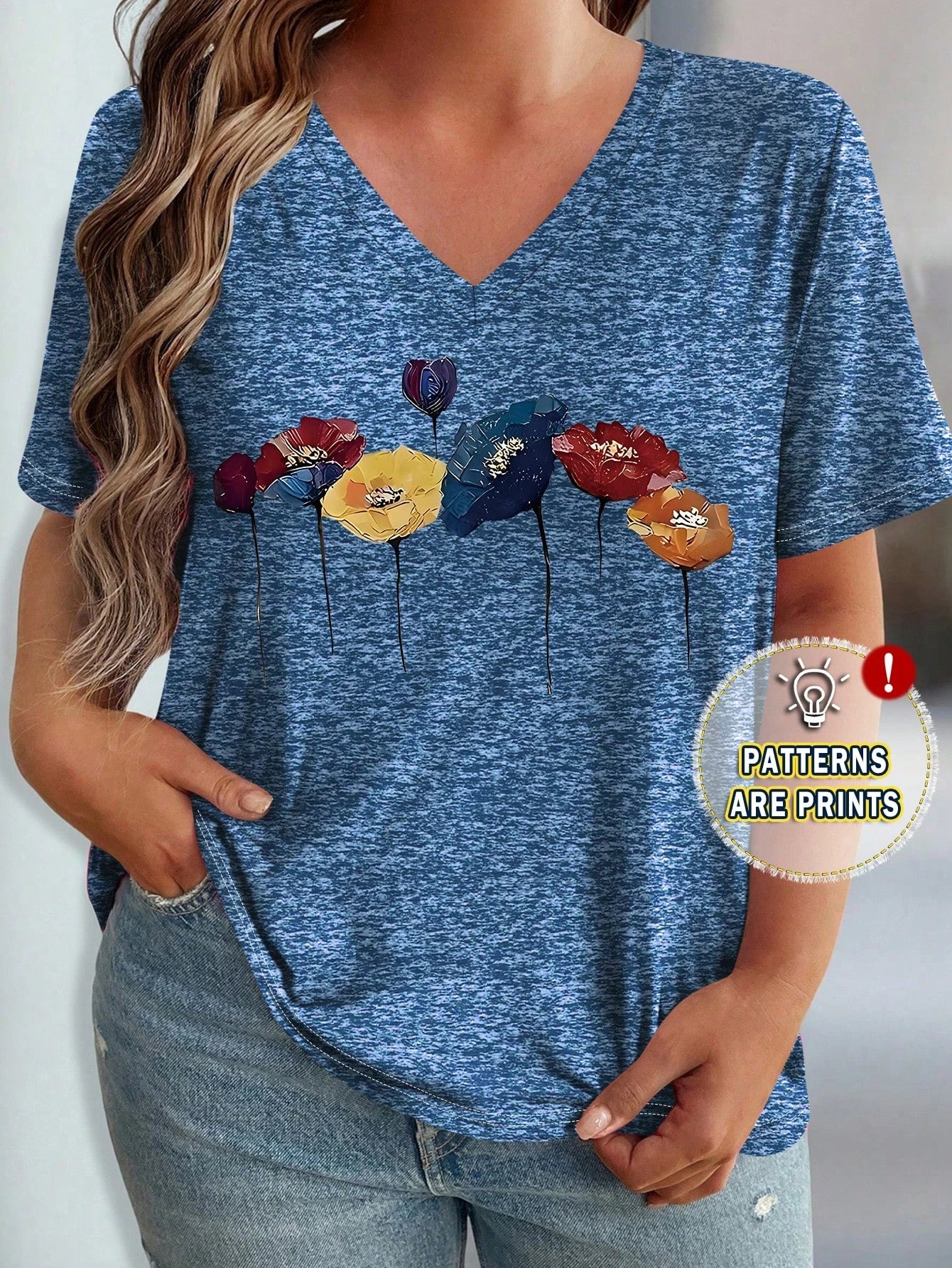 Plus Size Floral Design Pattern Printed T-shirts Summer Fashionable High Quality Short Sleeved Casual Sports V-Neck Pullover Top