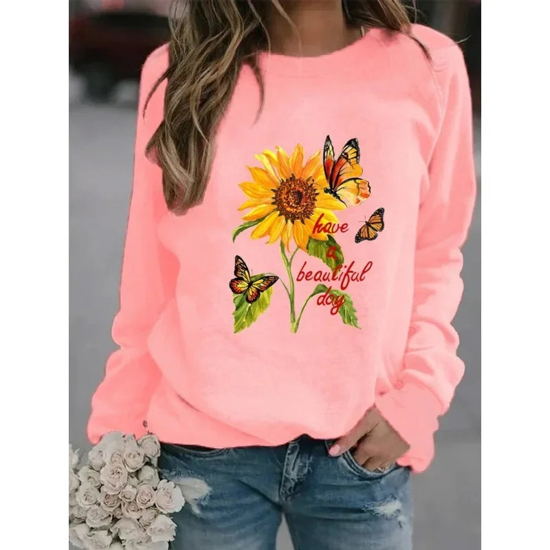 New  Long-sleeved Sunflower Butterfly Print Casual Round Neck Head Round Neck European Hoodie Woman Sweatshirt  Clothes
