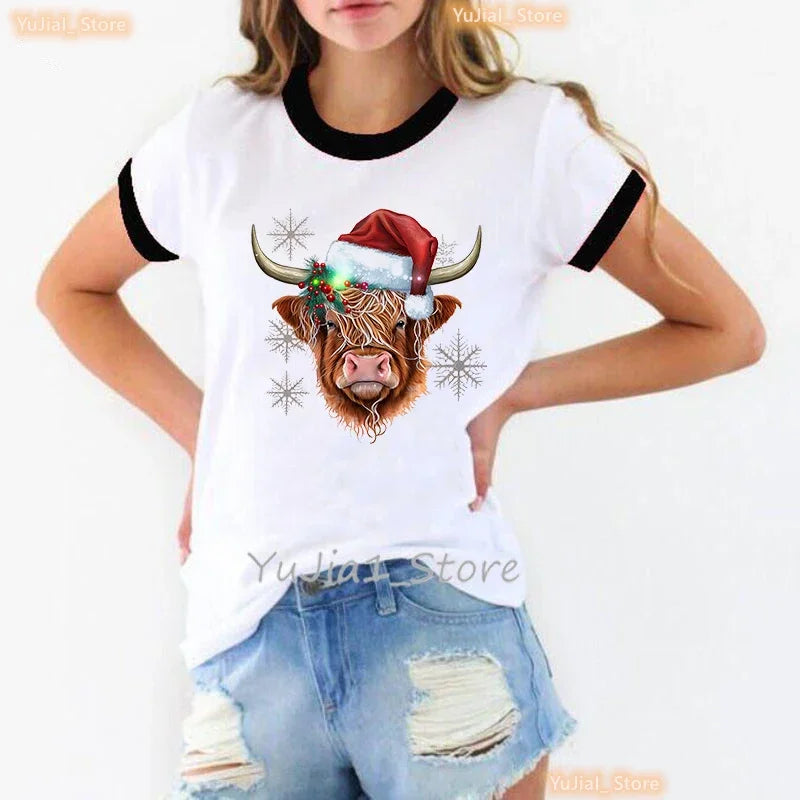 Sunflower Highland Cow Animal Printed T Shirt Women Harajuku Kawaii Clothes Funny Casual Tshirt Femme Short Sleeve T-Shirt