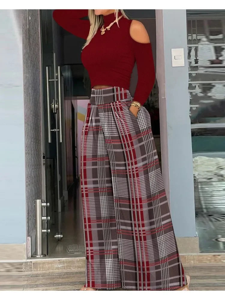 Casual Holiday Outfits For Women Cold Shoulder Top & Plaid Print Wide Leg Pants Set 2025 New High Waist Suits Woman Clothing