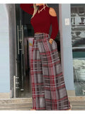 Casual Holiday Outfits For Women Cold Shoulder Top & Plaid Print Wide Leg Pants Set 2025 New High Waist Suits Woman Clothing
