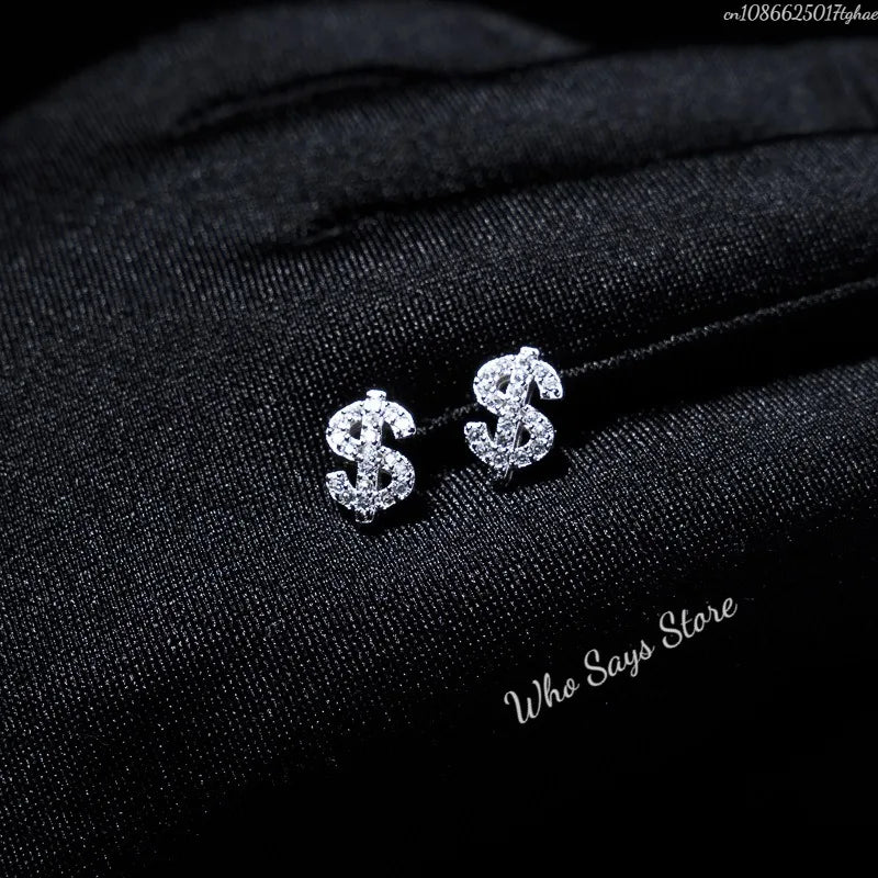 Stainless Steel Earrings Hip Hop Jewelry Stud Earring Iced Out Zircon Dollar Sign Gold Plated Earrings for Women Серьги Женские