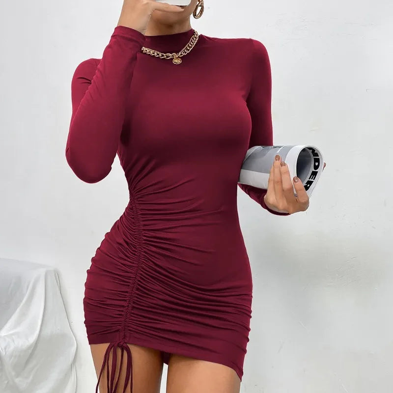 New Dresses 2025 Woman Fashion Summer High-neck Purple Long-sleeved Pleated Tie-up Dress Skirt Women's Clothing