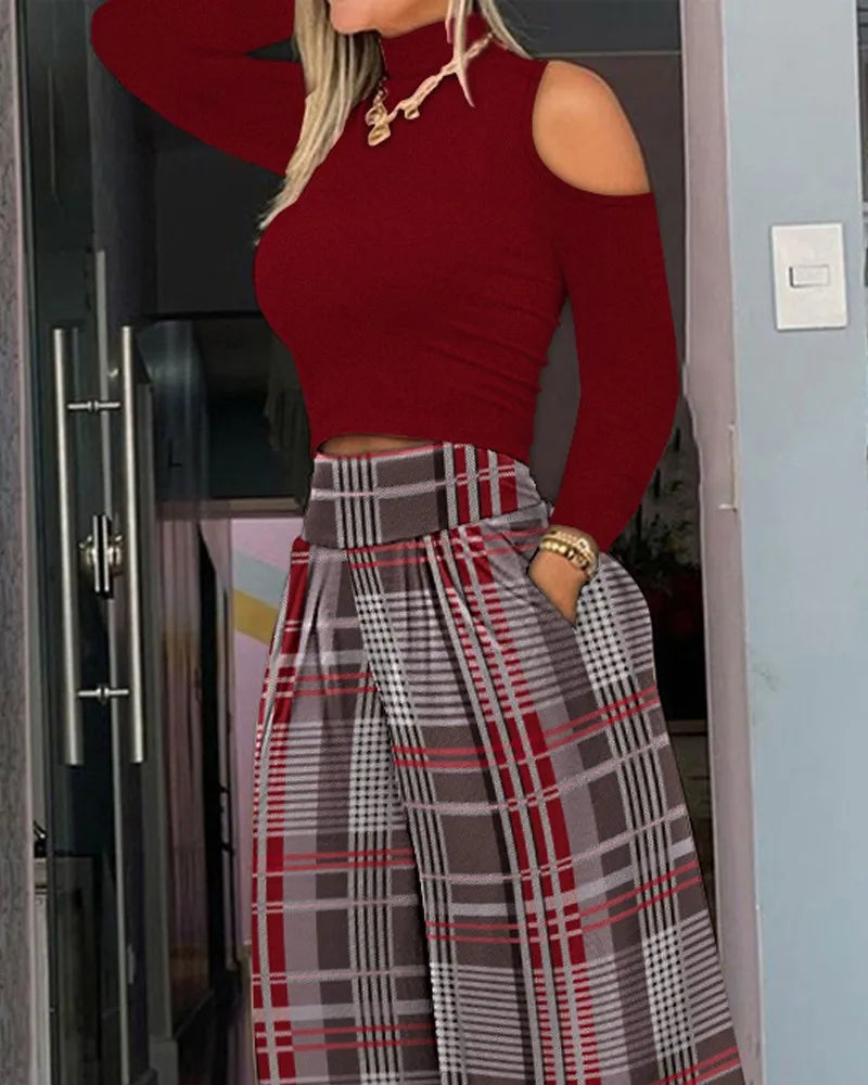 Casual Holiday Outfits For Women Cold Shoulder Top & Plaid Print Wide Leg Pants Set 2025 New High Waist Suits Woman Clothing