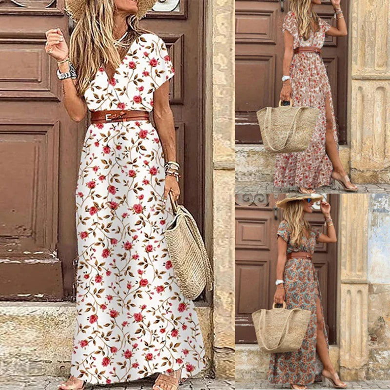 Summer Trend V-Neck Women Retro Vintage Print Slim With Belt Sexy Casual Elegant Holiday Dress High Slit Irregular Midi Dress
