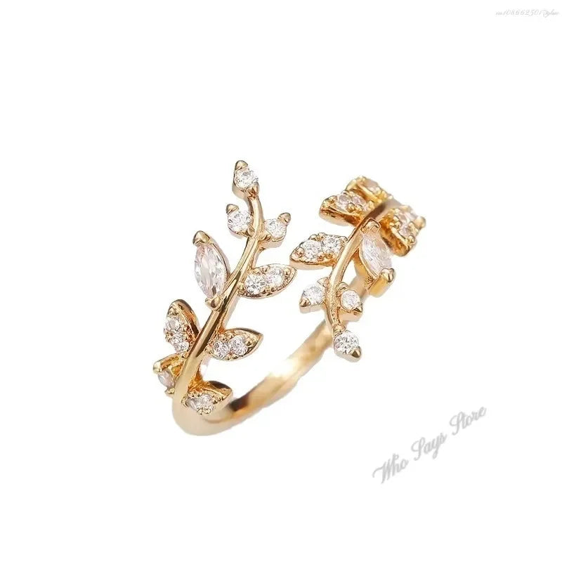 Fashion Olive Leaf Opening Rings for Women Inlaid Shiny CZ Simple Stylish Finger Accessories Party Girl Gift New Jewelry Кольца