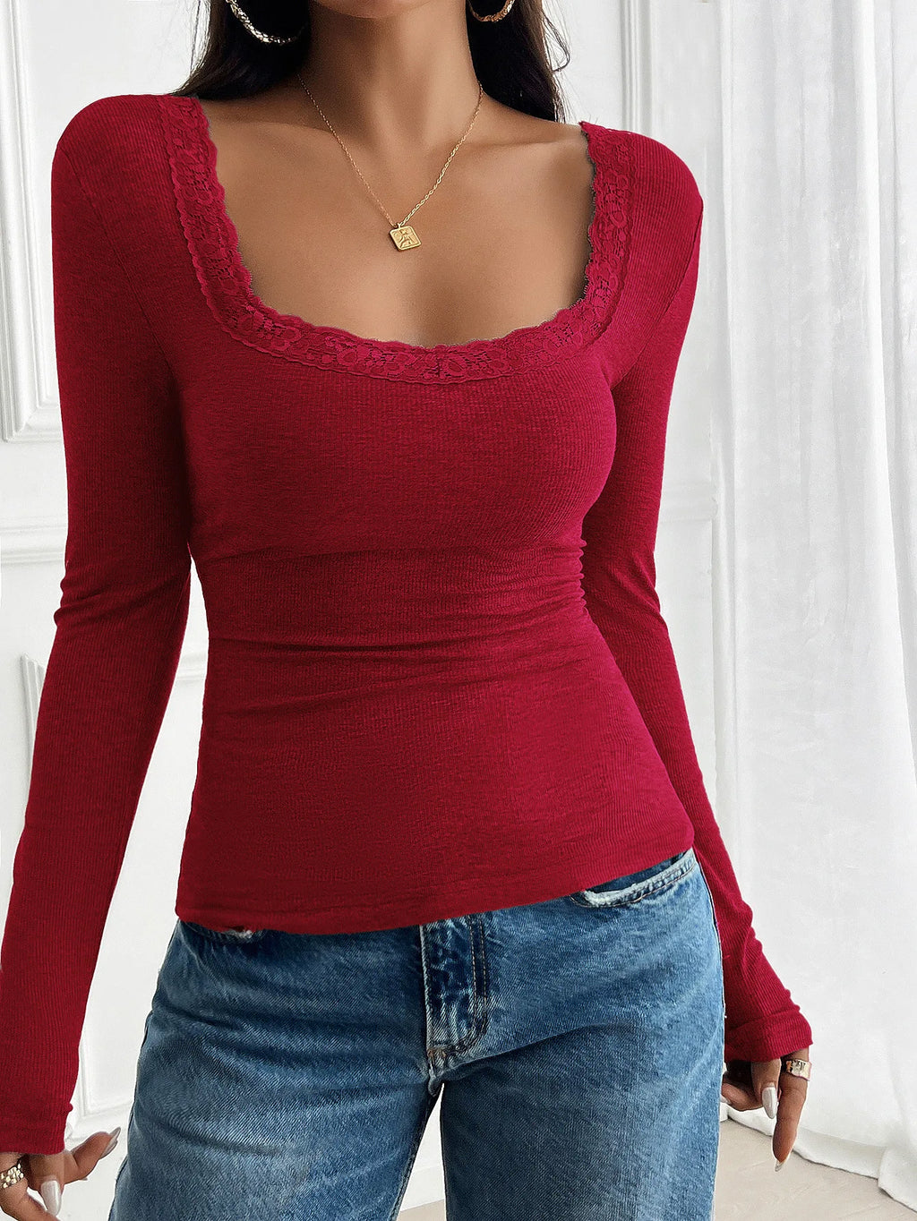 2025 Woman Clothing Top Women T-shirt Tank Top Solid Color Tops Women Y2K Casual Slim Threaded U Neck Lace Long Sleeve T-Shirt
