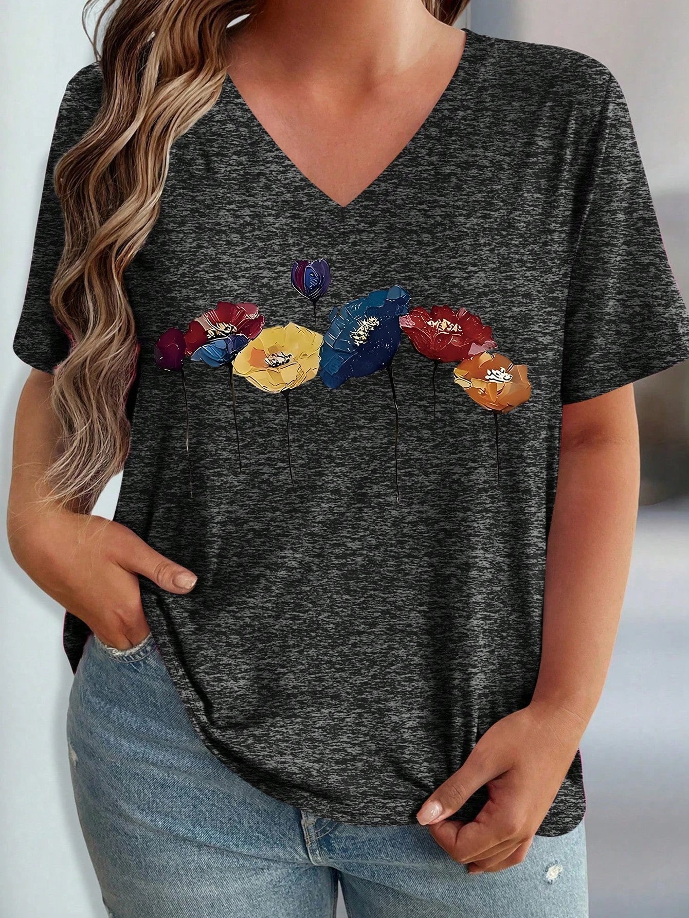Plus Size Floral Design Pattern Printed T-shirts Summer Fashionable High Quality Short Sleeved Casual Sports V-Neck Pullover Top