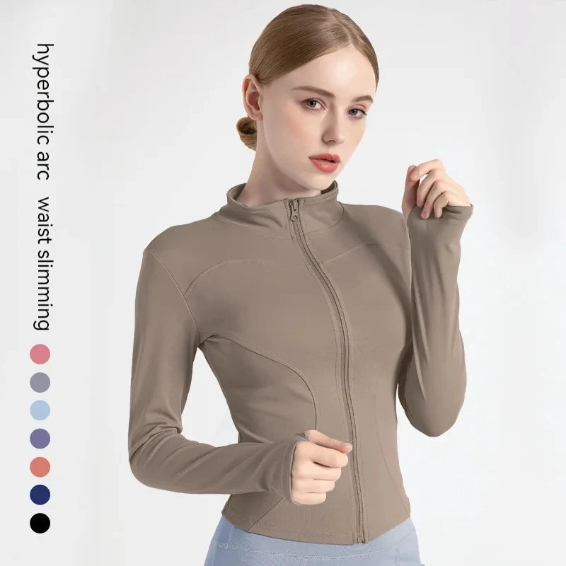 Women's Zip-Up Running Jacket Lightweight Stretchy Running Track Jacket with Thumb Holes, High Neck, Breathable Yoga Sportwear