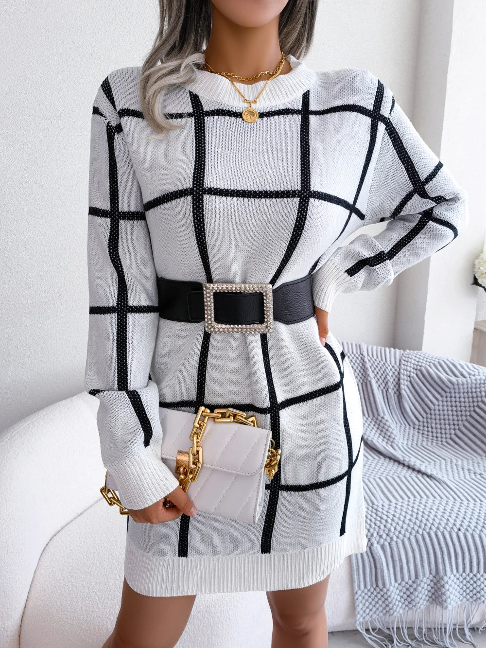 Women Casual Plaid Long Sleeve Knitted Sweater Dress 2026 Autumn Winter Elegant Dress Without The Belt Fashion Woman Clothing