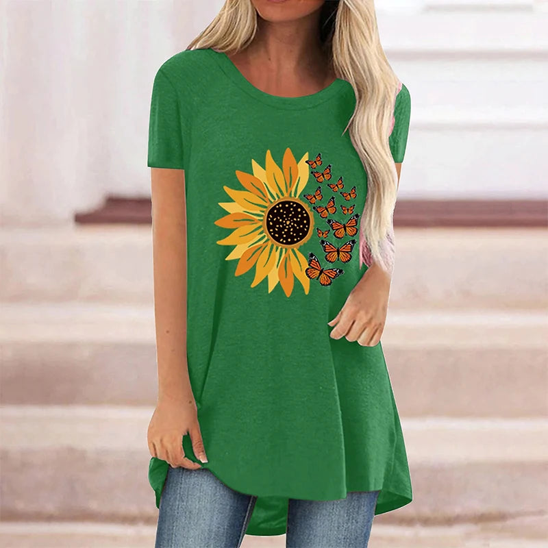 Summer Sunflower Floral 3D Print T-shirt Women Fashion Streetwear Casual O-Neck T Shirts Y2K Tops Tees Female Oversized Clothing
