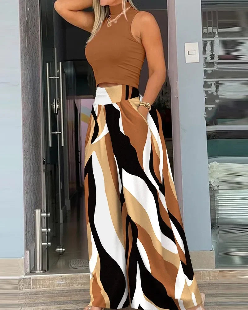 Casual Holiday Outfits For Women Cold Shoulder Top & Plaid Print Wide Leg Pants Set 2025 New High Waist Suits Woman Clothing