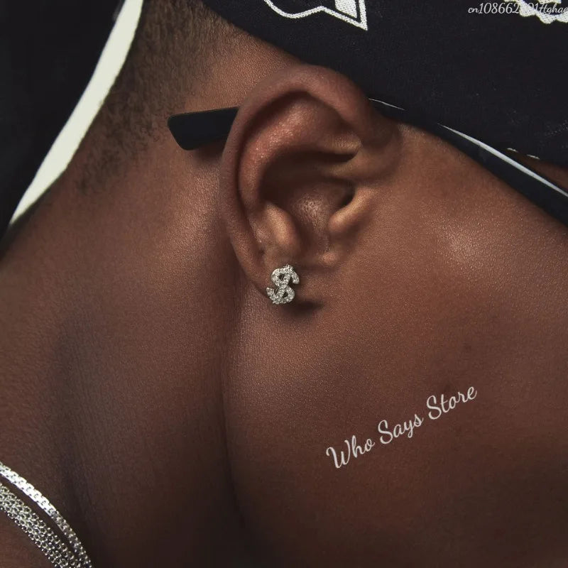 Stainless Steel Earrings Hip Hop Jewelry Stud Earring Iced Out Zircon Dollar Sign Gold Plated Earrings for Women Серьги Женские