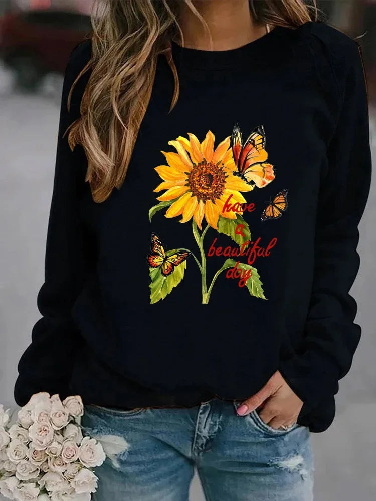 New  Long-sleeved Sunflower Butterfly Print Casual Round Neck Head Round Neck European Hoodie Woman Sweatshirt  Clothes