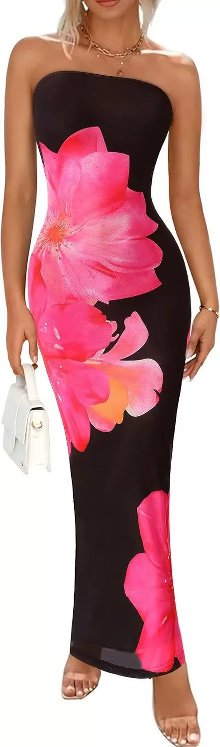 Elegant Fashionable Printed Long Dress New Summer Women's Sexy Slim Fit Chest Wrapped Off Shoulder Casual Dress