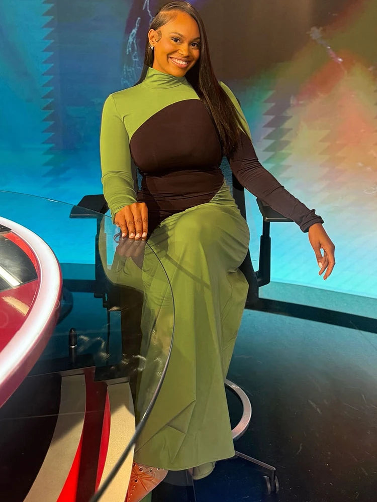 Whatiwear Autumn New Style Dress Woman Contrast Design Turtleneck Full Sleeve Skinny Stretch Street Fashion Elegant Long Bodycon