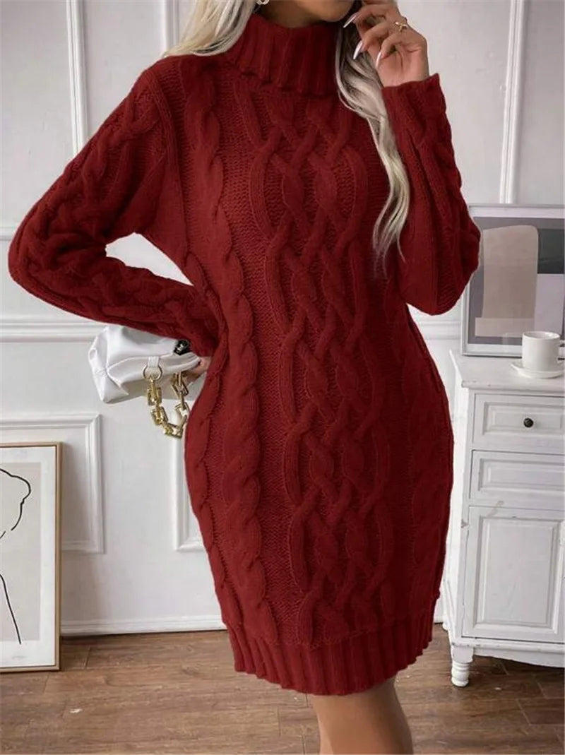 Winter Clothes Woman Pulls Femmes High Neck Vestidos Slim Fit Sweater Knitted Long Sleeve Dress All-match Simple Style Commuting