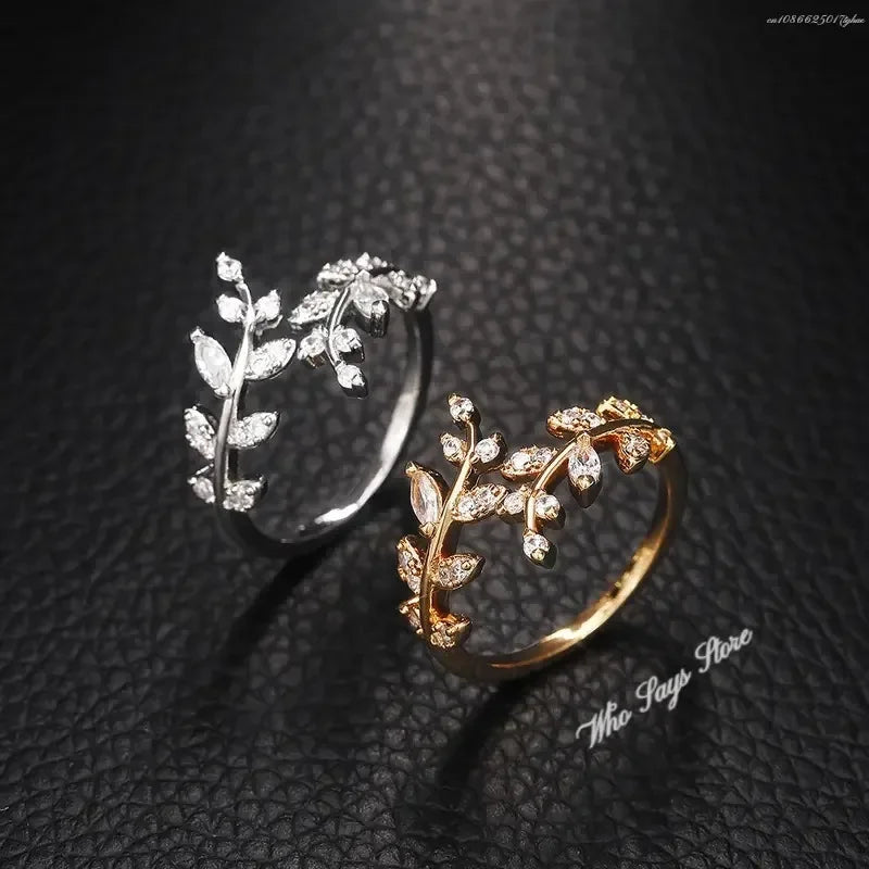 Fashion Olive Leaf Opening Rings for Women Inlaid Shiny CZ Simple Stylish Finger Accessories Party Girl Gift New Jewelry Кольца