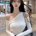 Women's Clothing Sexy Slope-neck Off-shoulder Hollow Long-sleeved Top Popular Versatile T-Shirts
