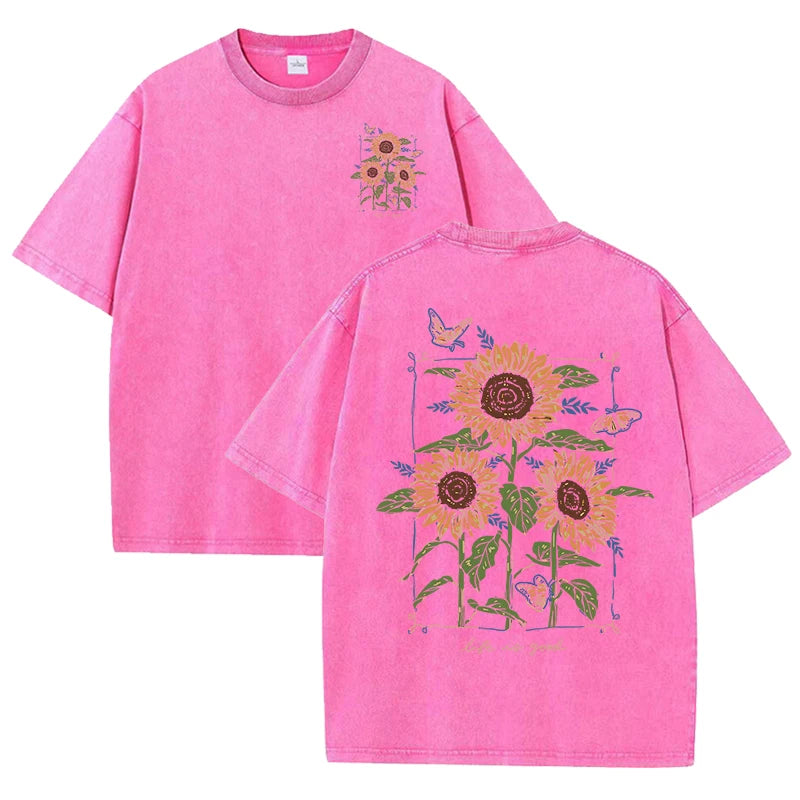 Life Good Beautiful Sunflower Print Washed Plus Size T Shirts Women Soft Cotton T-Shirt Street Short Sleeve Summer Casual Tops