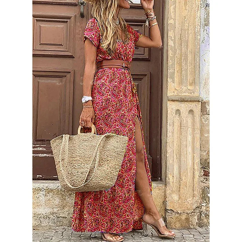 Summer Trend V-Neck Women Retro Vintage Print Slim With Belt Sexy Casual Elegant Holiday Dress High Slit Irregular Midi Dress