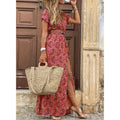 Summer Trend V-Neck Women Retro Vintage Print Slim With Belt Sexy Casual Elegant Holiday Dress High Slit Irregular Midi Dress