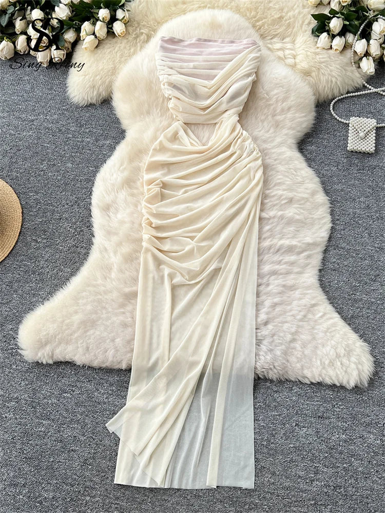 SINGREINY Summer Thin Mesh Long Dress Ladies Strapless Pleated Skinny Off The Waist Chic American Ins Sexy Split Bodycon Dress