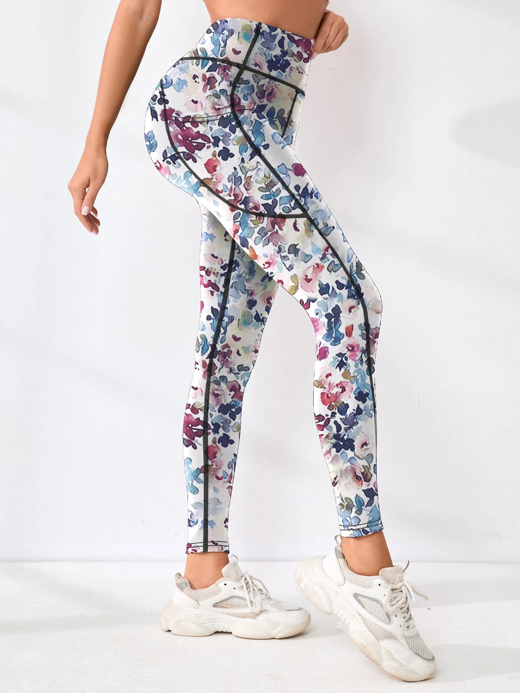 Printed women's high waistband pocket fitness pants paired with tight abdominal yoga pants, suitable for running, hiking, and sp