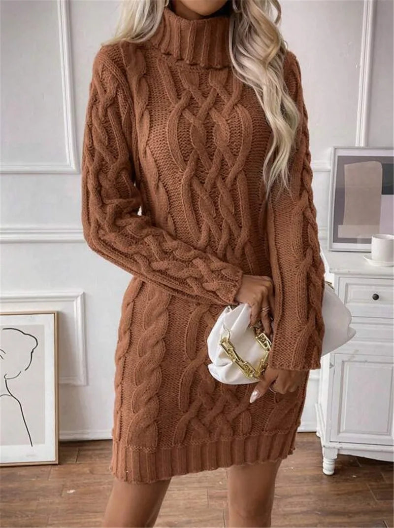 Winter Clothes Woman Pulls Femmes High Neck Vestidos Slim Fit Sweater Knitted Long Sleeve Dress All-match Simple Style Commuting