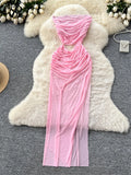 SINGREINY Summer Thin Mesh Long Dress Ladies Strapless Pleated Skinny Off The Waist Chic American Ins Sexy Split Bodycon Dress